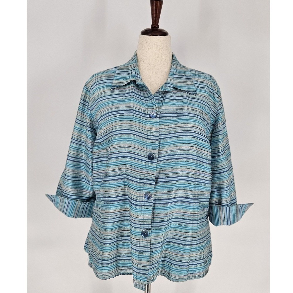VTG Y2K Austin Reed Button Up Shirt Women 16W Blue Striped Silk Blend Collared